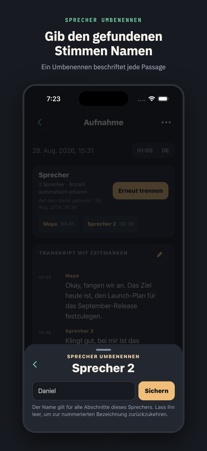 Mit dem Titel „Gib den gefundenen Stimmen Namen“: das Umbenennen-Menü, geöffnet für Sprecher 2, mit eingetipptem „Daniel“ – ein Umbenennen beschriftet jede Passage dieser Stimme.