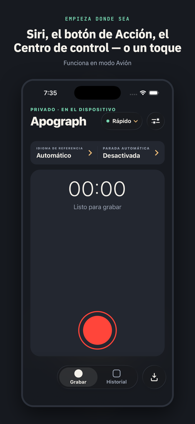 Con el título «Siri, el botón de Acción, el Centro de control — o un toque»: la pantalla Grabar lista para capturar, con la pastilla del modelo y la sugerencia de idioma — todo funciona en modo Avión.
