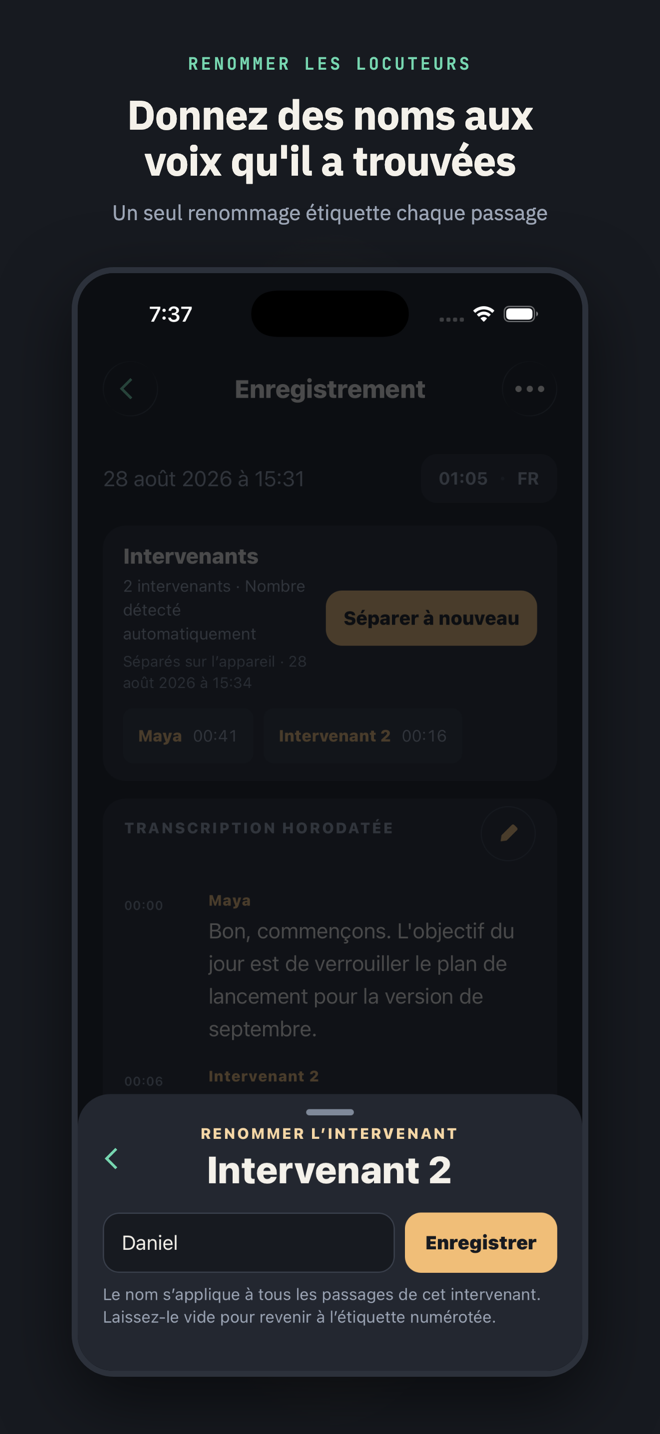 Intitulée « Donnez des noms aux voix qu'il a trouvées » : la fiche de renommage ouverte sur Locuteur 2 avec « Daniel » saisi — un seul renommage étiquette chaque passage de cette voix.