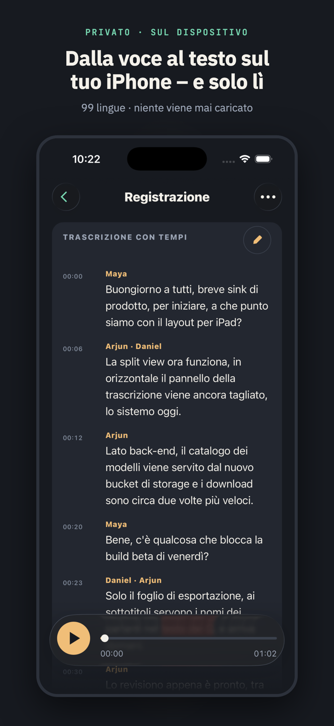 Intitolata “Dalla voce al testo sul tuo iPhone – e solo lì”: la trascrizione con i tempi di una riunione a tre con i parlanti nominati e il lettore ancorato in basso.