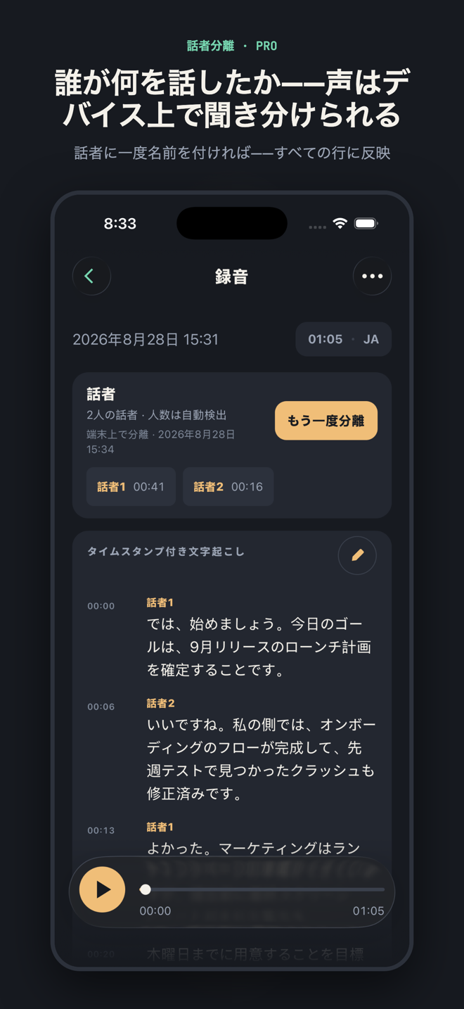 「誰が何を話したか——声はデバイス上で聞き分けられる」と題されたスライド。話者パネルには「2人の話者 · 人数は自動検出」と表示され、話者1と話者2のチップと、その下にラベル付きの文字起こし。