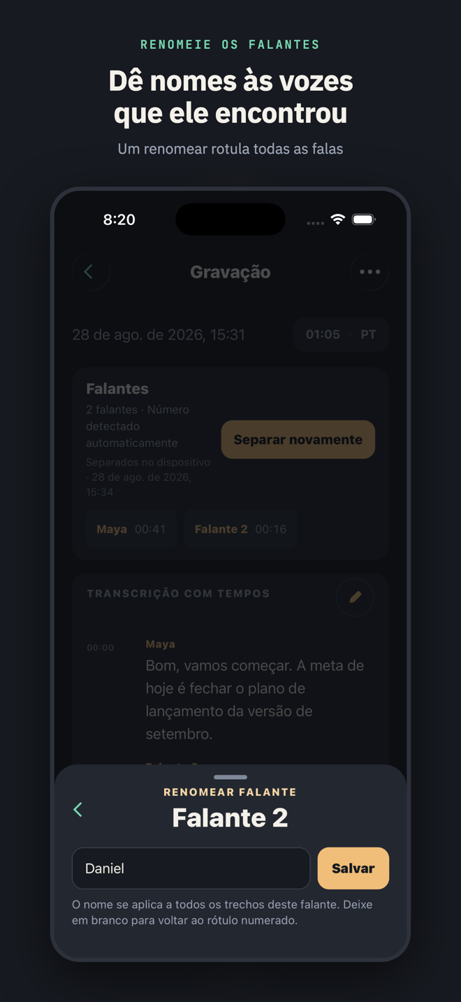 Com o título “Dê nomes às vozes que ele encontrou”: a tela de renomear aberta no Falante 2 com “Daniel” digitado — um renomear rotula todas as falas daquela voz.