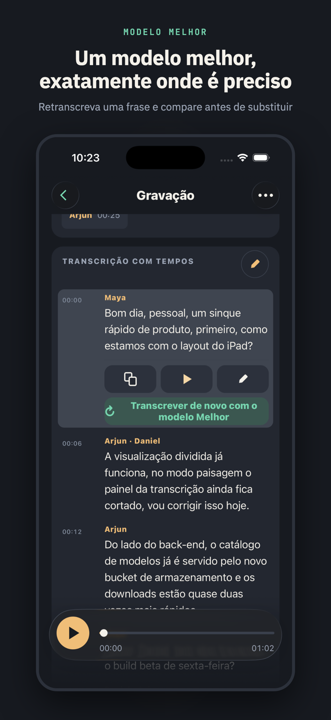Com o título “Um modelo melhor, exatamente onde é preciso”: uma frase com uma palavra sinalizada expandida em suas ações, terminando no botão “Retranscrever com o modelo Melhor”.