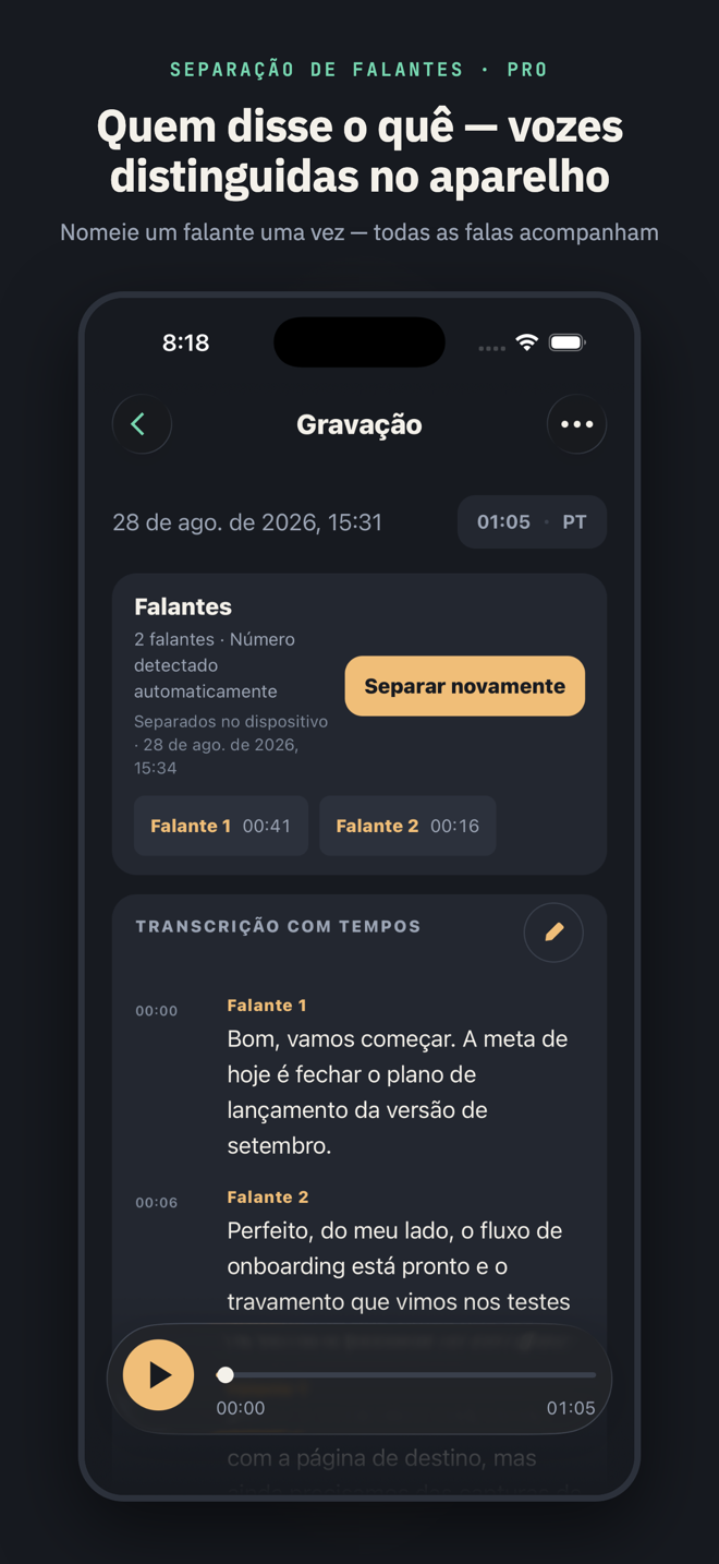 Com o título “Quem disse o quê — vozes distinguidas no aparelho”: o painel Falantes mostrando “2 falantes · Quantidade detectada automaticamente” com as etiquetas Falante 1 e Falante 2 e a transcrição rotulada abaixo.