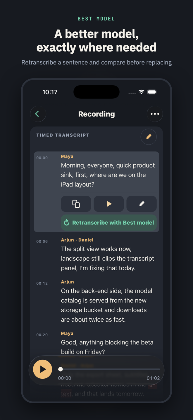 Titled “A better model, exactly where needed”: a sentence with a flagged word expanded to its actions, ending in the “Retranscribe with Best model” button.