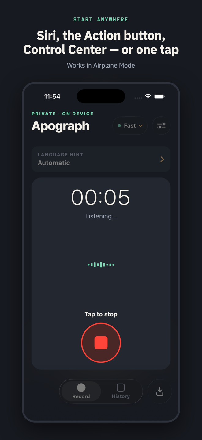 Titled “Siri, the Action button, Control Center — or one tap”: the Record screen ready to capture, with the model pill and language hint — it all works in Airplane Mode.