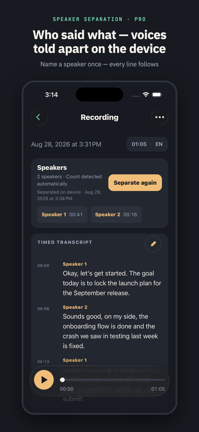 Titled “Who said what — voices told apart on the device”: the Speakers panel reading “2 speakers · Count detected automatically” with Speaker 1 and Speaker 2 chips and the labeled transcript below.