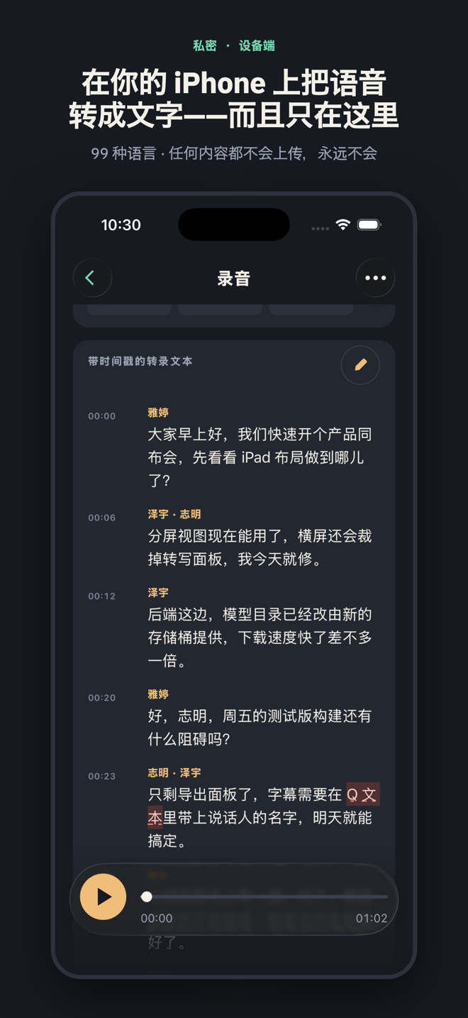 标题为“在你的 iPhone 上把语音转成文字——而且只在这里”：一场三人会议的带时间标记转写文本，说话人已命名，播放器固定在底部。